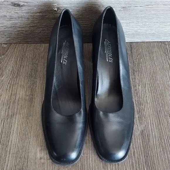 Vintage Aerosoles Black Leather Block Heel Pumps Size 10B - Picture 3 of 8